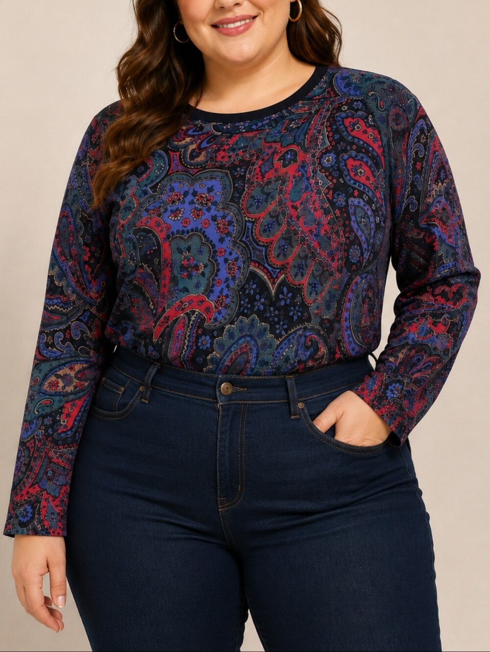 Ralph Lauren Plus Paisley Print Crew Neck Longsleeve Top Boho Cotton Blend
